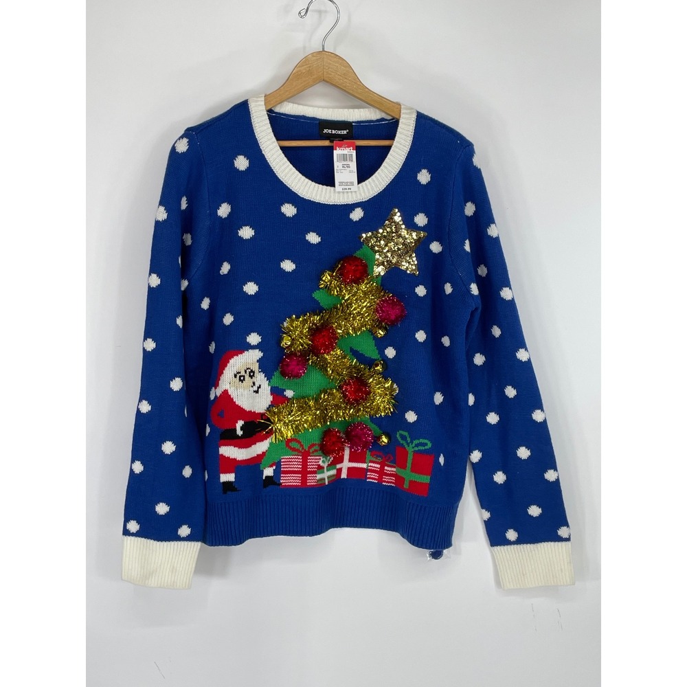 NWT Ugly Christmas Joe Boxer Womens Sweater XL Blue Santa Tree Tinsel Sequin